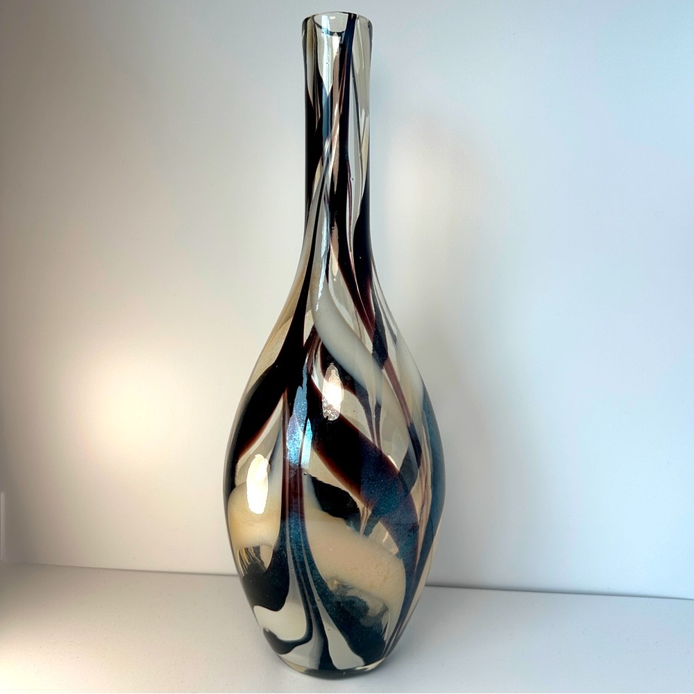 Brown and White Ivory Swirl Long Neck Murano Style Vase Glass Art Decor